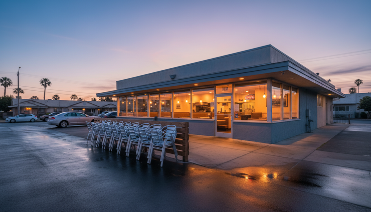 Wide-angle view of a quiet diner exterior at dusk with empty patio chairs and no visible logos