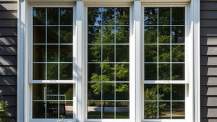 Row of windows with dark frames overlooking trees and greenery at dusk