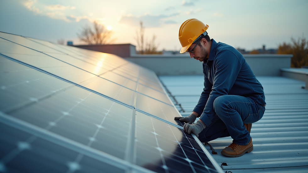 High angle view of a technician inspecting solar panels on a rooftop
