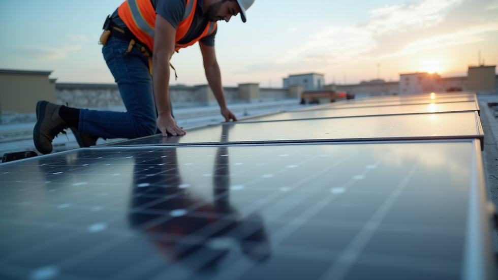 Close-up view of solar panel installation process on a commercial rooftop