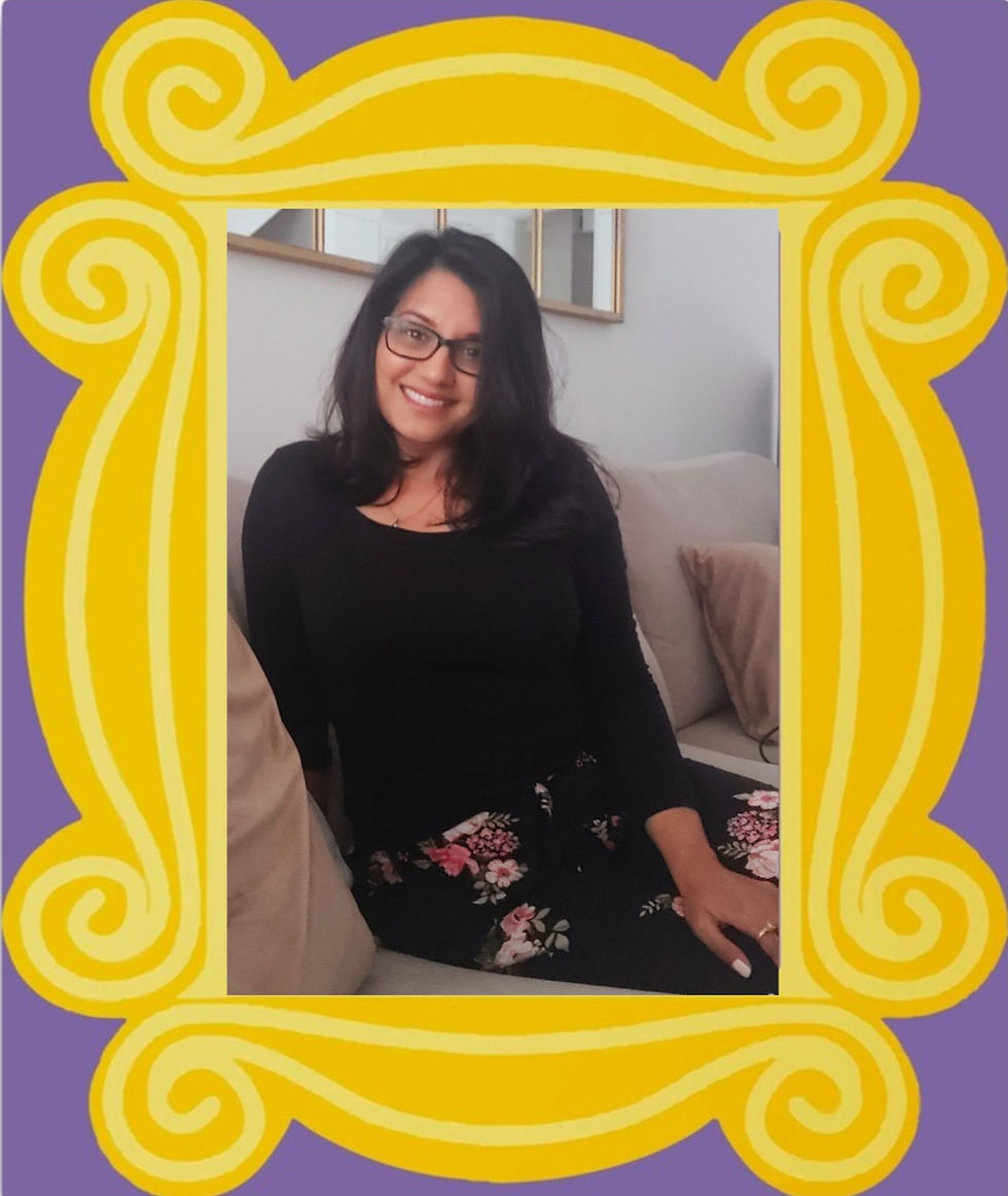 Image of me on the sofa with the yellow Friends framed around the photo