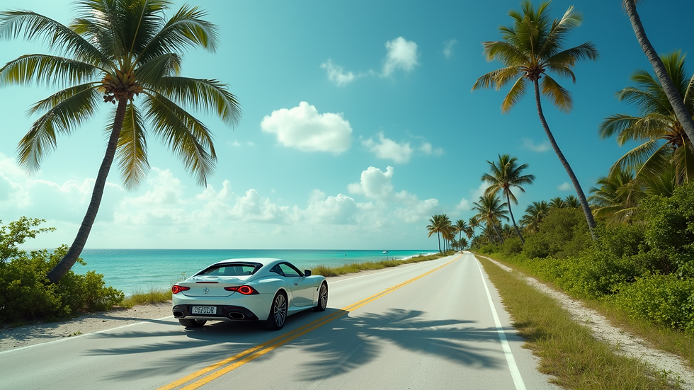 High angle view of a rental car parked on a scenic Bahamian road