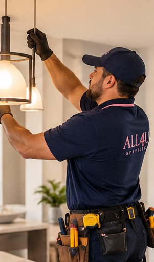 An All4U handyman installing a light fixture