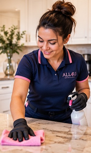 An All4U team member cleaning a kitchen counter