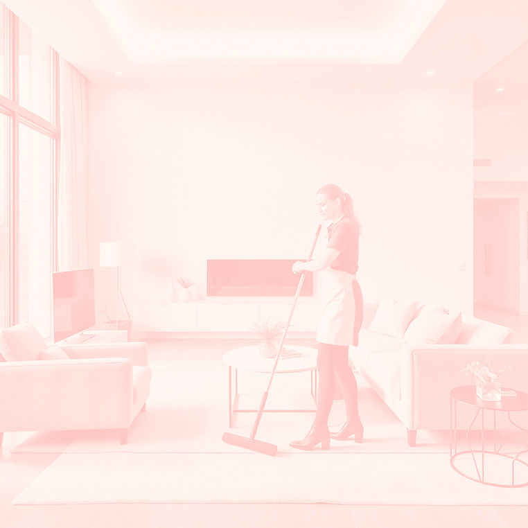 a woman with a dark pink uniform cleaning a elegant minimalist living room in a big house_