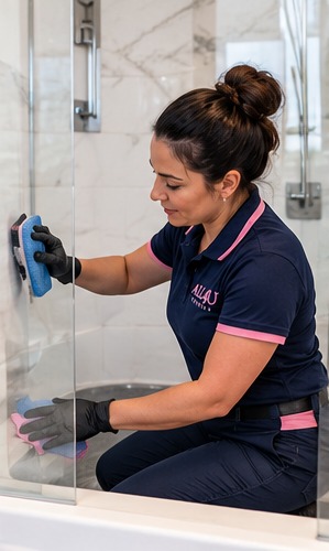 An All4U team member deep cleaning a shower