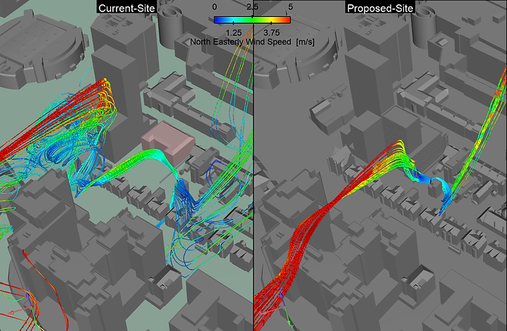 Comparation between the current site and the site with the development with path lines showing wind