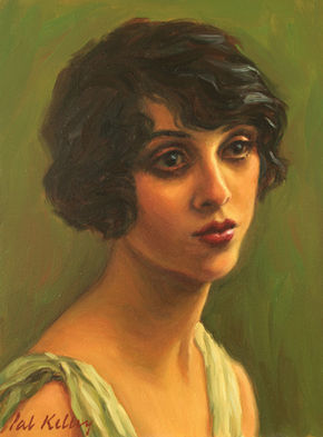 Portrait painting of Ninette de Valois, a British ballerina of the 1920s. She is a woman with short, wavy dark hair and large brown eyes. The background is earthy green. The paint quality is fluid with visible brushstrokes.