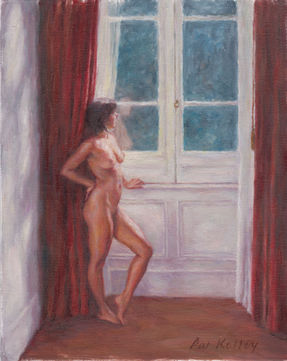 Painting of a nude woman in bright light, next to a tall window with red curtains. 