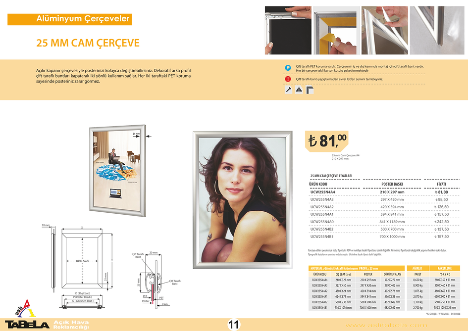 25mm alüminyum cam çerçeve