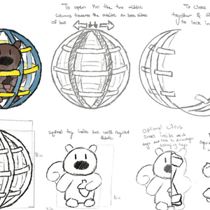 design sketches of a squirrel and ball sustainable dog toy
