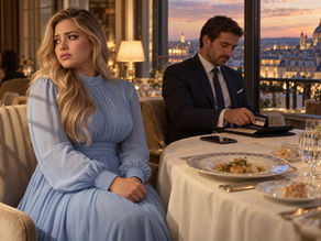 Jovem loira de vestido azul-claro olha para o lado com expressão preocupada enquanto o namorado paga a conta em um restaurante luxuoso, com vista para uma cidade europeia.
