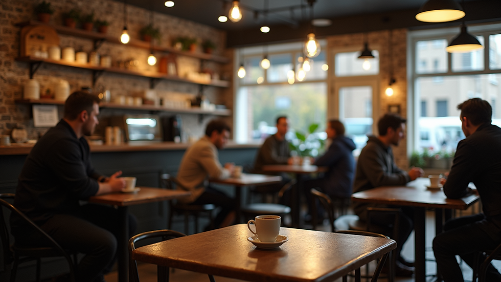 Eye-level view of a cozy coffee shop interior with people engaged in conversation