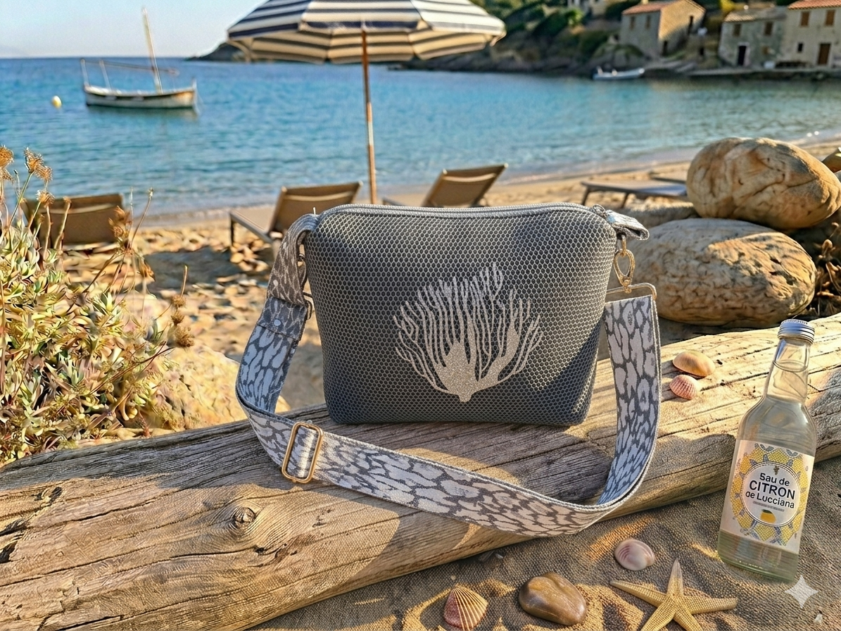 Sac Bandoulière Gris Motif Corail