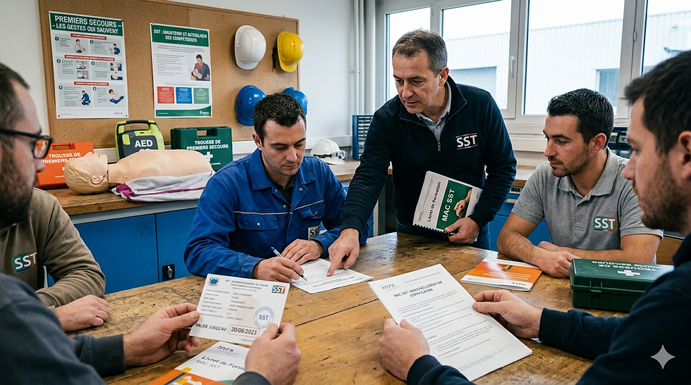 Formation MAC SST pour renouveler un certificat SST expiré lors d’une session de recyclage en entreprise avec formateur et salariés.
