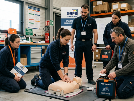Formation SST en entreprise avec mise en pratique des gestes de premiers secours et utilisation d’un défibrillateur lors d’une session collective.