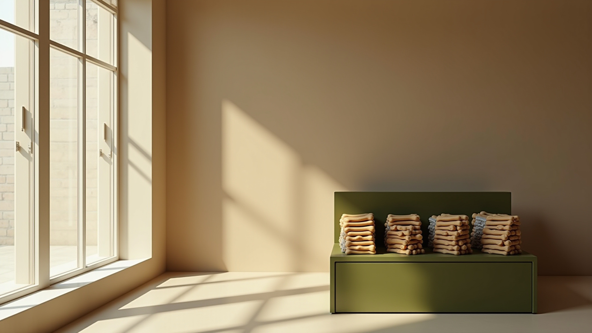 Green bench with stacks of dog treats piled up ready to get delivered, sunlit wall and floor, interior design concept.