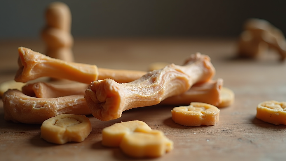 Close-up view of natural dog chews arranged on a wooden table