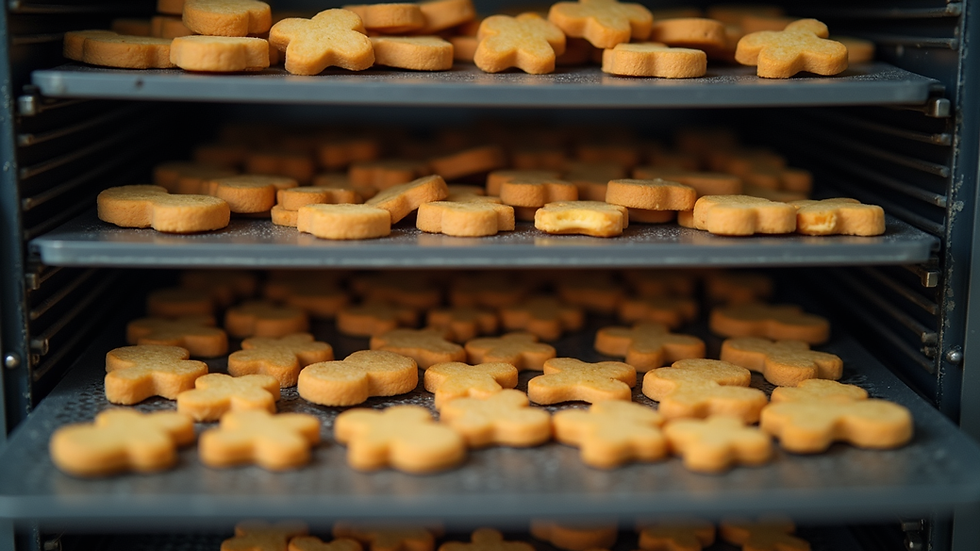 Eye-level view of a commercial food dehydrator with trays of drying dog treats
