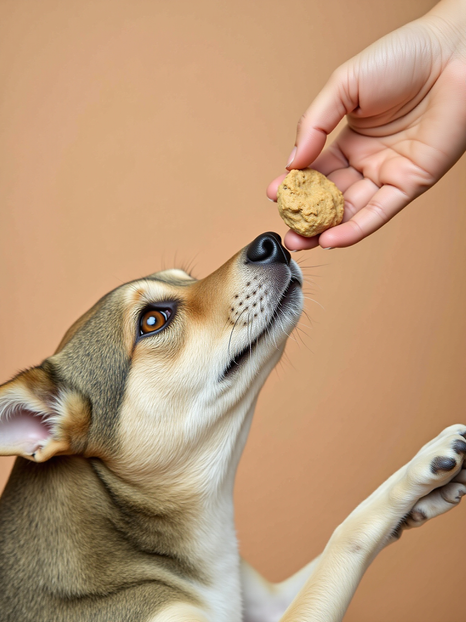 Dog looking up at a treat, hand offering food. What The Dog Wants.
