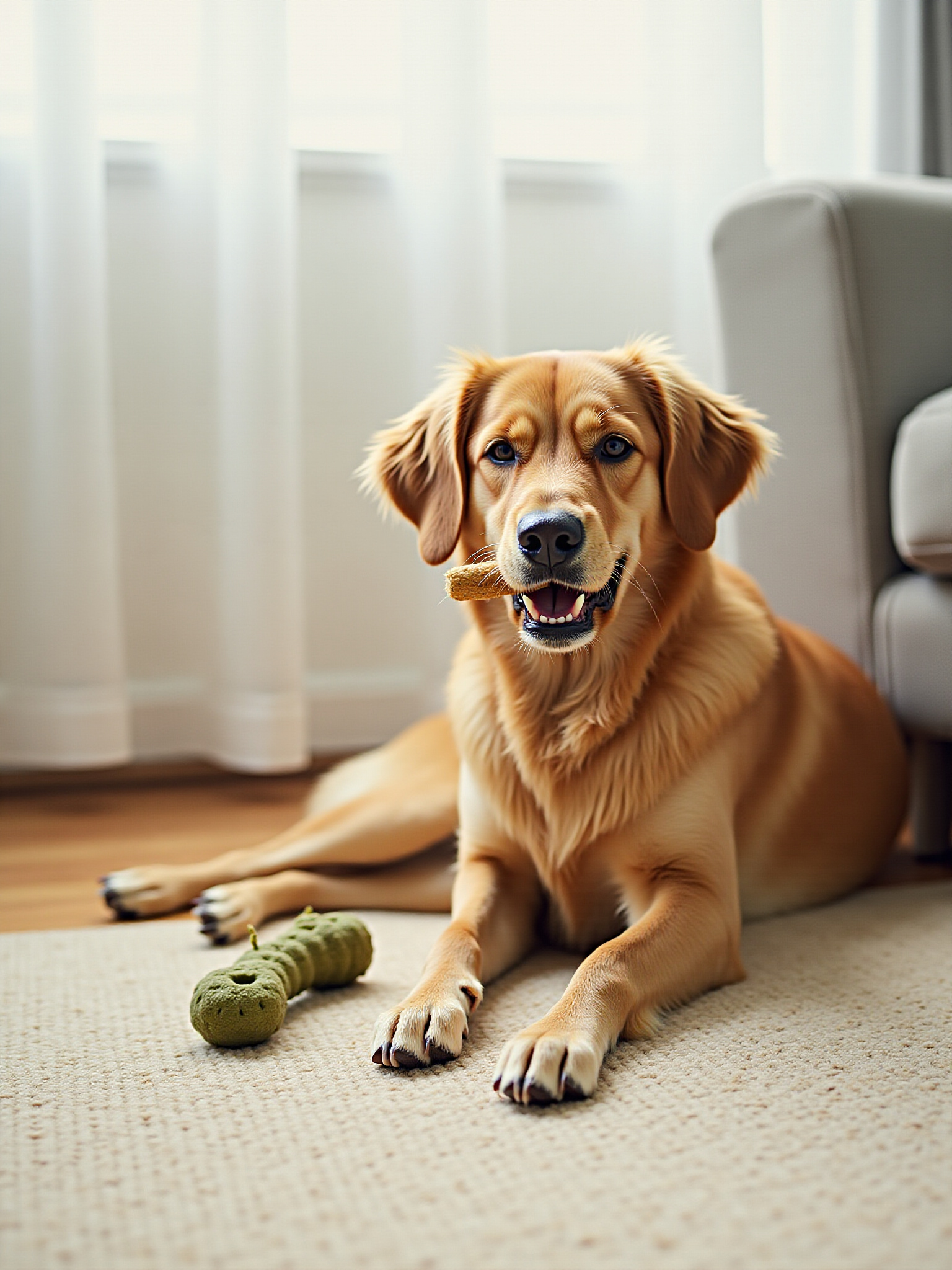 Golden Retriever with a treat, smiling on carpet, What The Dog Wants.