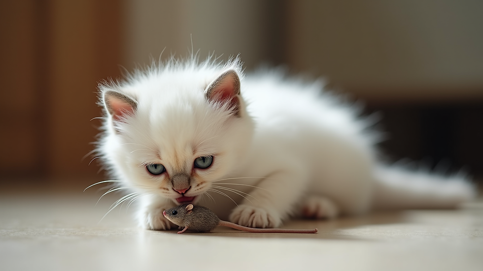 Close-up view of a Ragdoll kitten playing with a small toy mouse