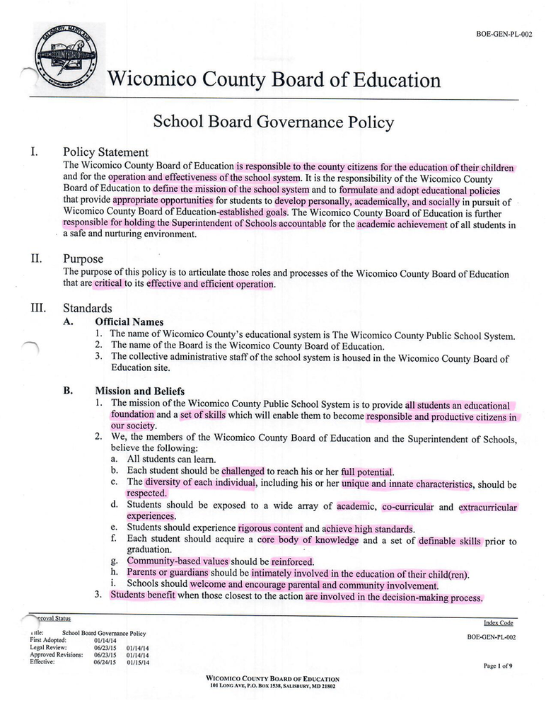 WCBOE School Board Governance Policy Roles, Responsibilities