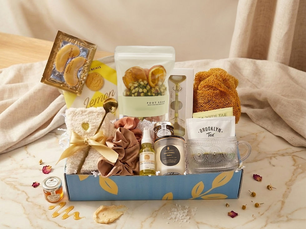 Spa & Relaxation Box with tea, bath salts, oil, and dried fruit and orange bath towel