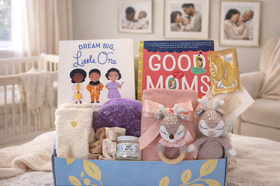 Keepsake box with baby books, blanket, and deer plushies