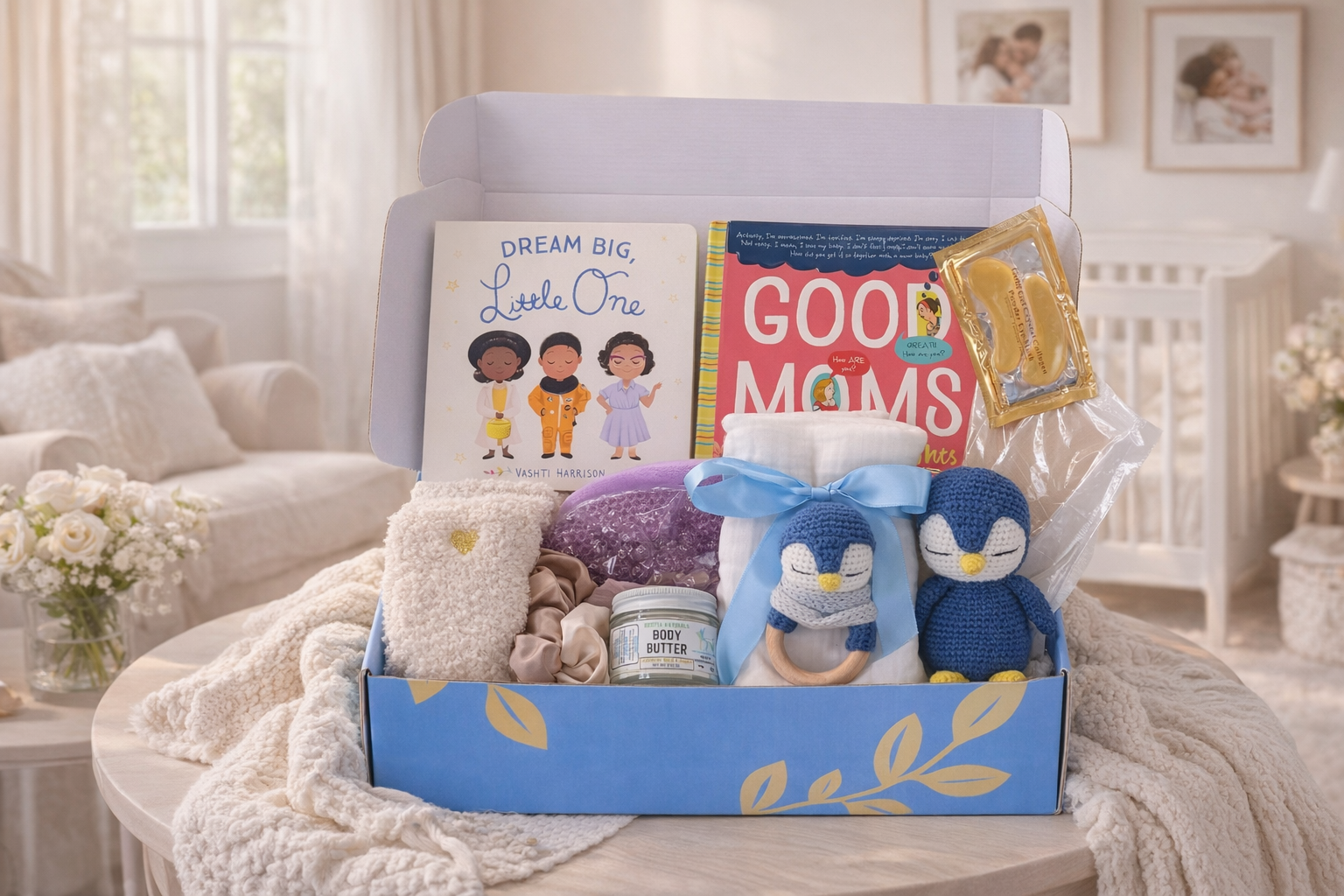 Open keepsake box with baby books, blankets, and penguin toys, Gentle Beginnings Keepsake Box