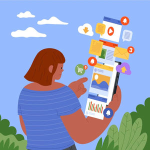 Woman in blue striped shirt uses a smartphone with floating app icons, notifications, and charts against a blue sky and clouds.