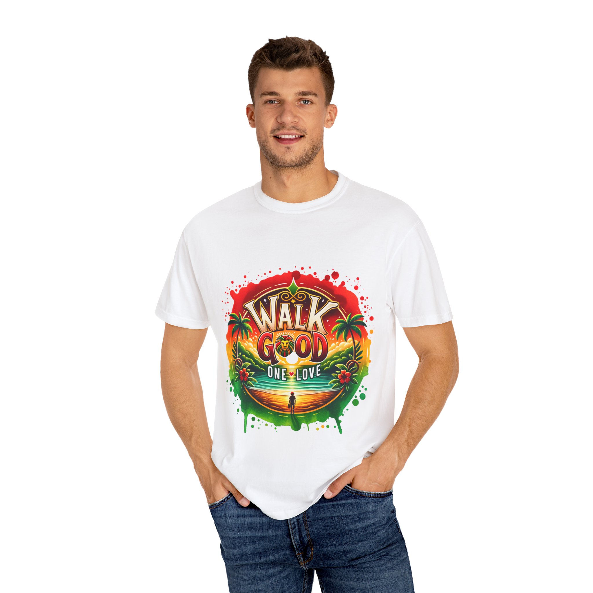 Unisex Garment-Dyed T-Shirt - 'Walk Good One Love' Tropical Vibe Tee