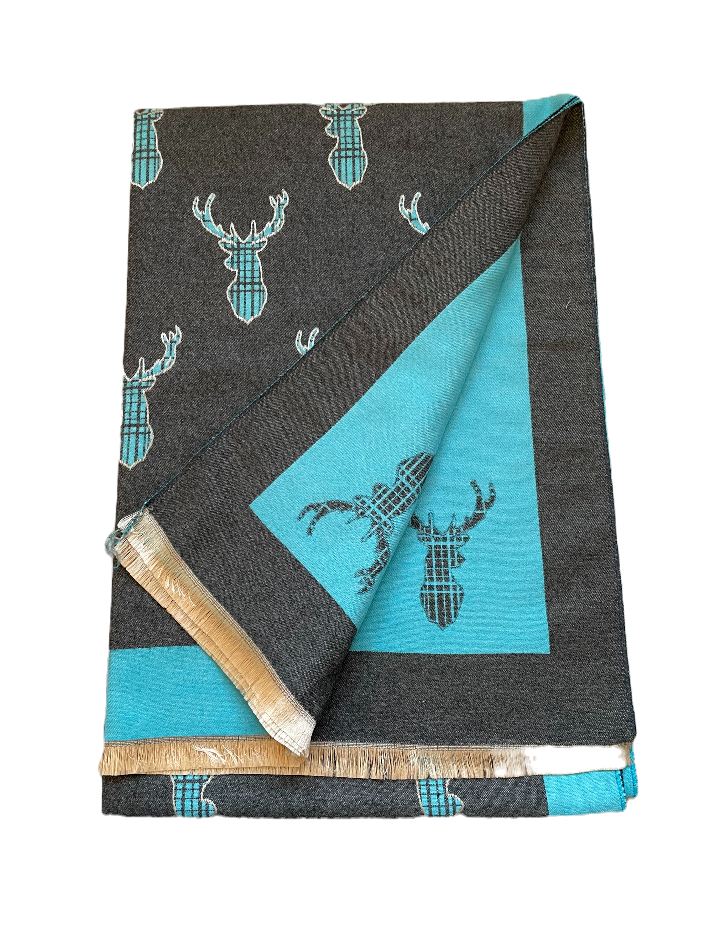 HOUSE OF TWEED STAG SCARF/SHAWL, grey and turquoise