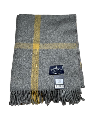 House of Balmoral Wool Blanket, Block check, Mid Grey/Mustard