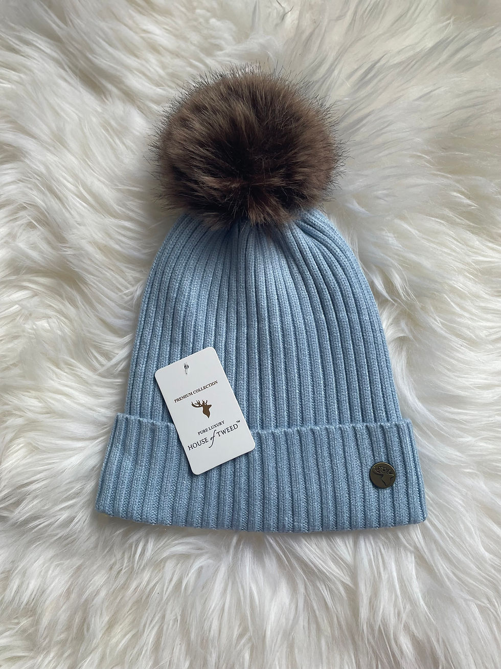 Thumbnail: House of Tweed Blue Beanie Hat with Pom Pom