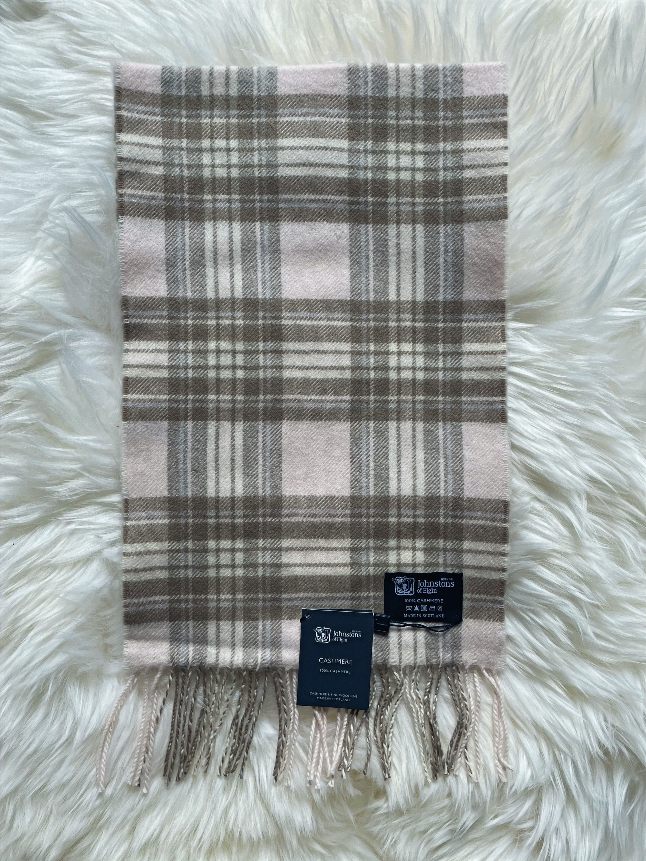 Pink Stewart 100% cashmere scarf, made in Scotland by Johnstons of Elg