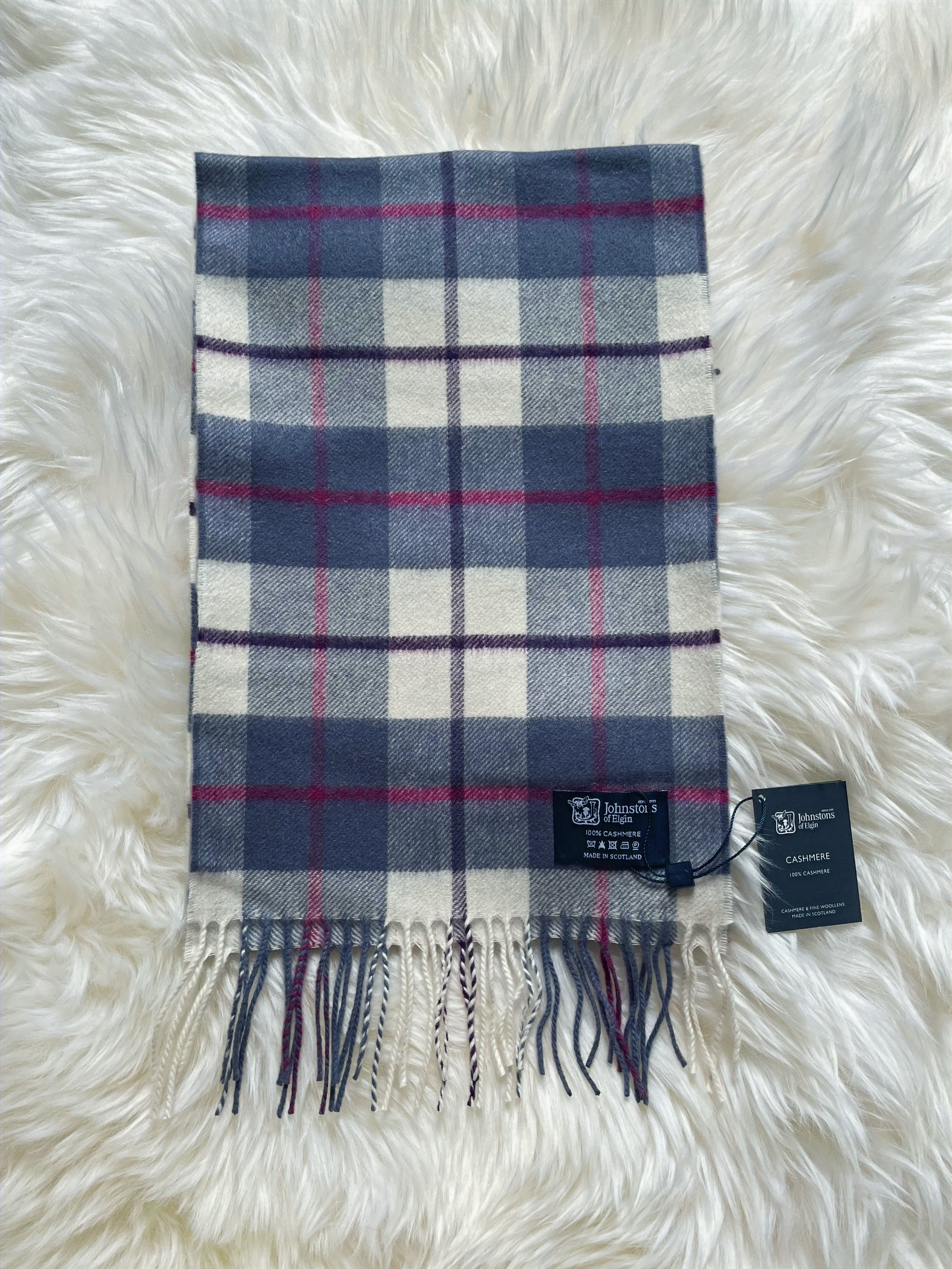 Check 100% cashmere scarf, made in Scotland by Johnstons of Elgin