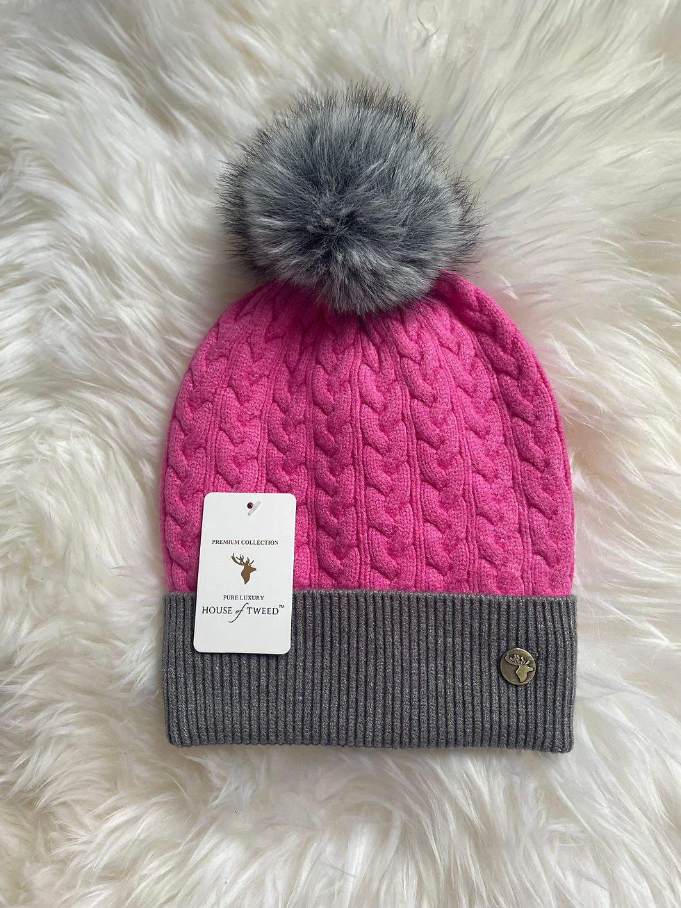 Thumbnail: House of Tweed Luxury Pink Beanie Hat with Grey Pom Pom