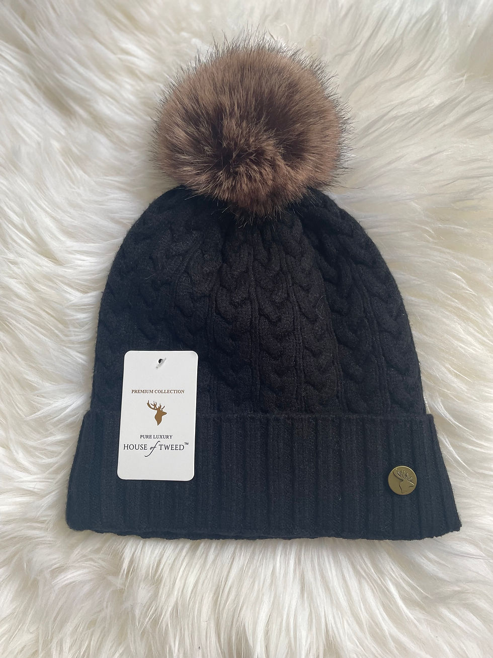 House of Tweed Black Beanie Hat with Brown Pom Pom