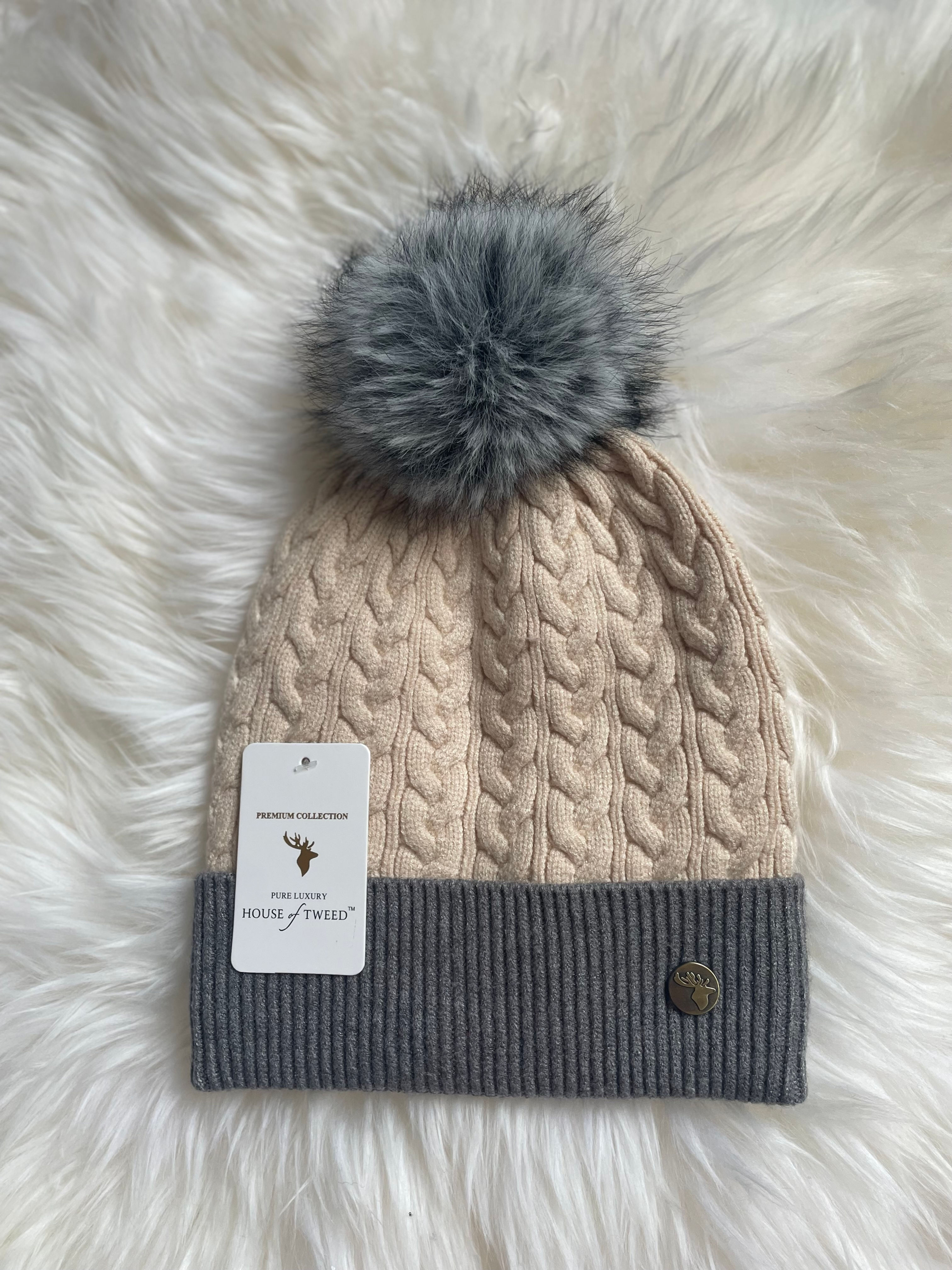 House of Tweed Cream Beanie Hat with Grey Pom Pom