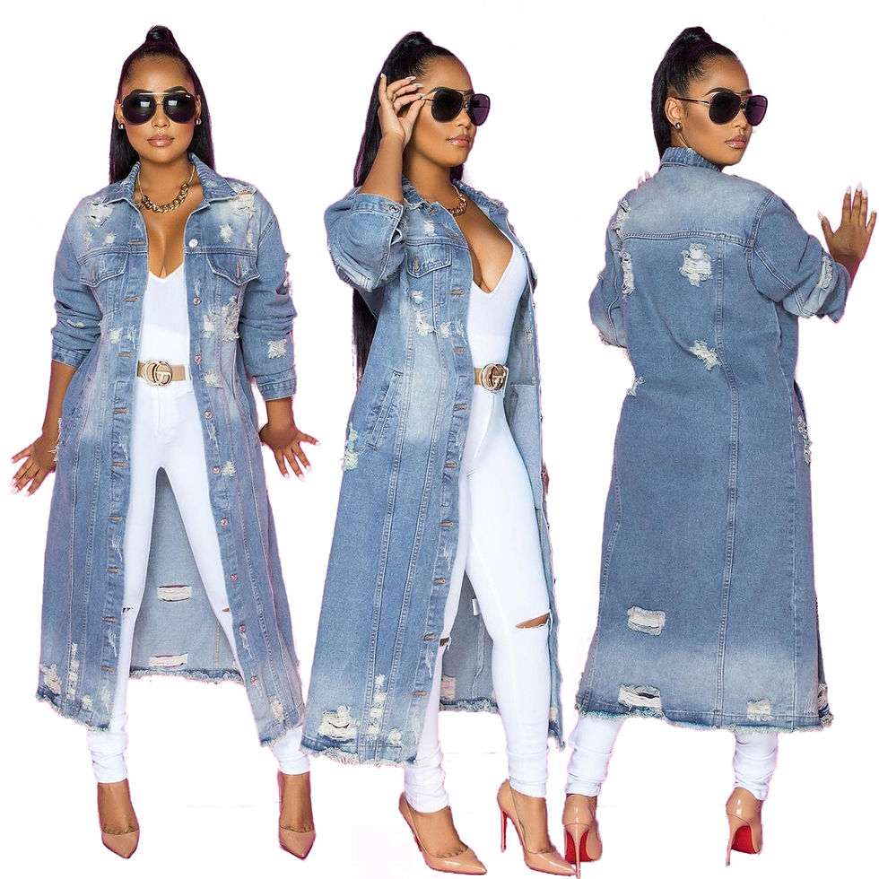 Thumbnail: 2021 Ripped Jean Trench Coats Fashion Windbreaker Jacket Long Denim Jacket Women