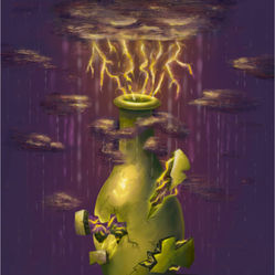 A broken greenish-yellow vase sits on top of a dark window frame. Above the vase is a purple storm cloud that crackles and lights up with golden lightning. The lightning is funnelled through the top of the vase and pulls the shattered pieces back in place.