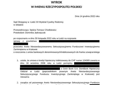 Wyrok frankowy przeciwko Getin Bank S.A. Sygnatura akt XII C 509/22