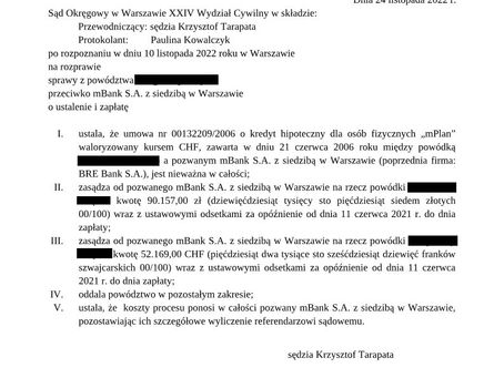 Wyrok frankowy przeciwko mBank S.A. Sygnatura akt XXIV C 3408/20