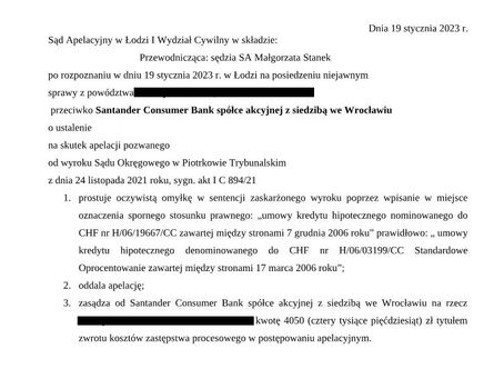 Wyrok frankowy przeciwko Santander Consumer Bank S.A. Sygnatura akt I ACa 303/22