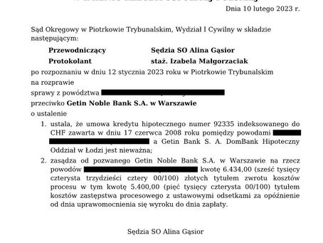 Wyrok frankowy przeciwko Getin Noble Bank S.A. Sygnatura akt I C 613/22