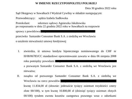Wyrok frankowy przeciwko Santander Consumer Bank S.A. Sygnatura akt I C 849/22