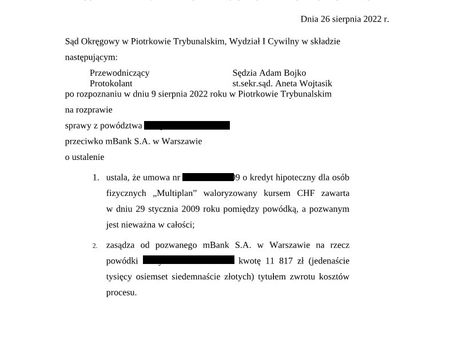 Mamy kolejny wygrany wyrok w sprawie frankowej przeciwko mBank!