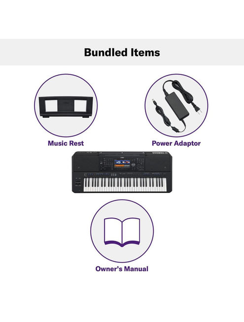 bundled items including music rest, power adapter, and owner's manual.