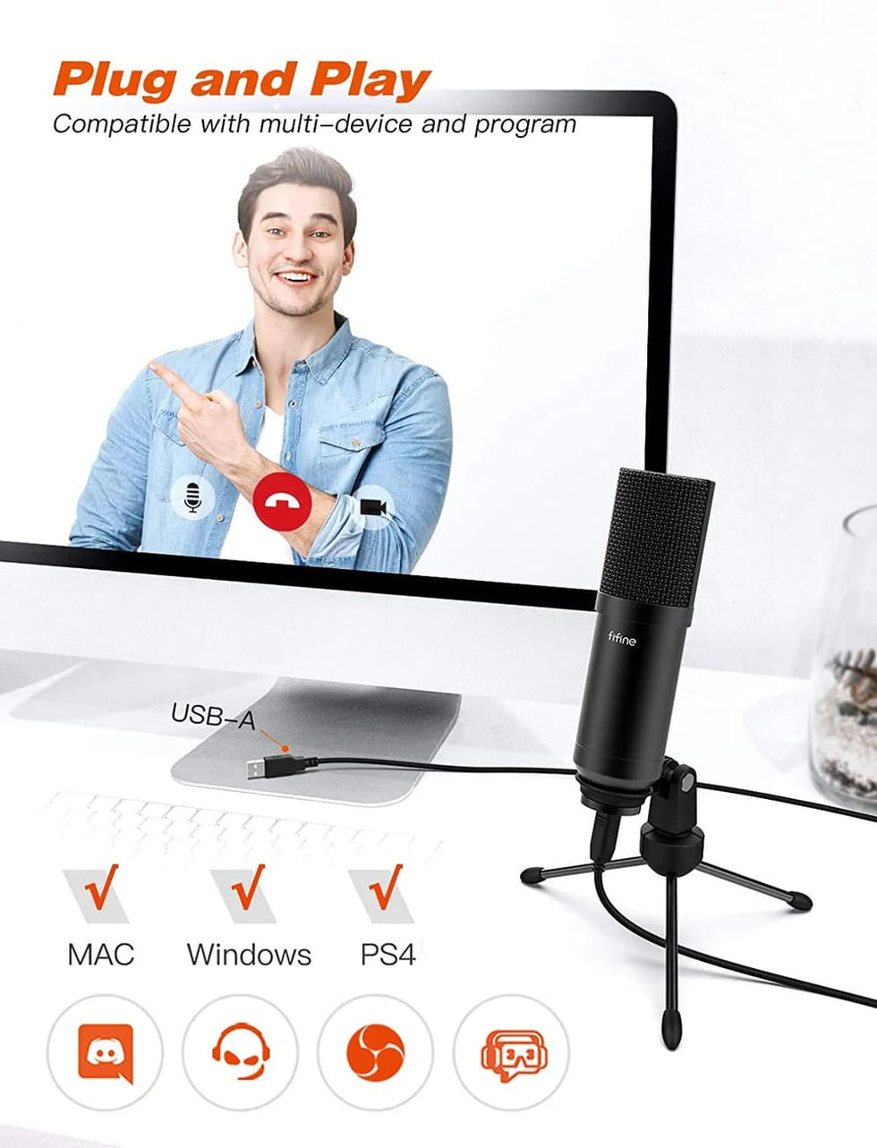 Plug-and-play microphone that works with several devices when connected to a desktop computer.